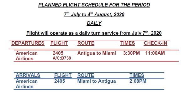Antigua News: AA Planned Flight Schedule from July 7th - August 4th, 2020